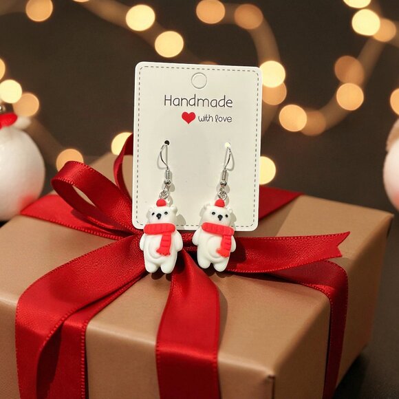 Handmade Polar Bear Earrings | Christmas Earrings | Polymer Clay Holiday Jewelry - Picture 7 of 9